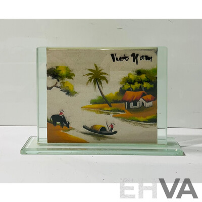 Vietnamese Sand Painting Depicting River Scene and Temple on Reverse Side (artist Unknown)