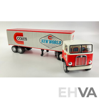 Vintage Taiyo Friction Powered Toy Coles Truck and Trailer with Original Box, Made in Japan