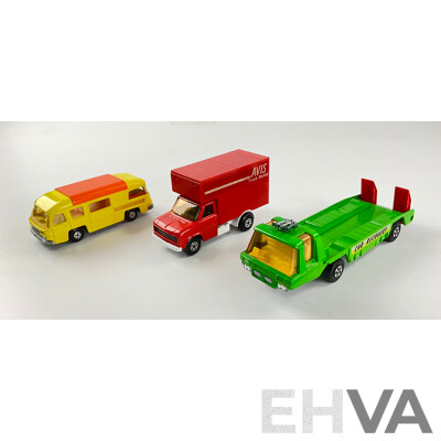Three Vintage Matchbox Super Kings Including K27 Camping Cruiser, K13-2 Transporter and Ford ‘A’ Series with Delivery Figure
