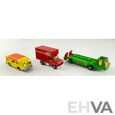 Three Vintage Matchbox Super Kings Including K27 Camping Cruiser, K13-2 Transporter and Ford ‘A’ Series with Delivery Figure