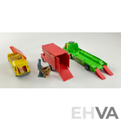 Three Vintage Matchbox Super Kings Including K27 Camping Cruiser, K13-2 Transporter and Ford ‘A’ Series with Delivery Figure