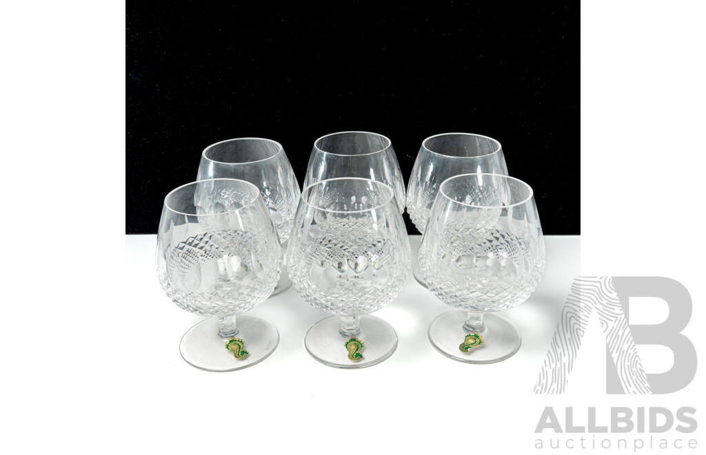 Set Six Vintage Waterford Crystal Brandy Balloons in Colleen Pattern with Original Labels
