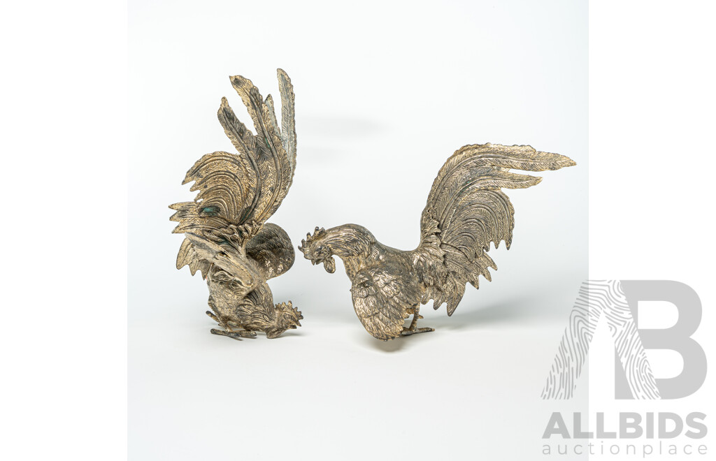 Pair Vintage White Metal Asian Fighting Cocks Statues