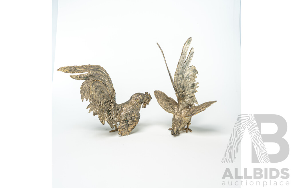 Pair Vintage White Metal Asian Fighting Cocks Statues
