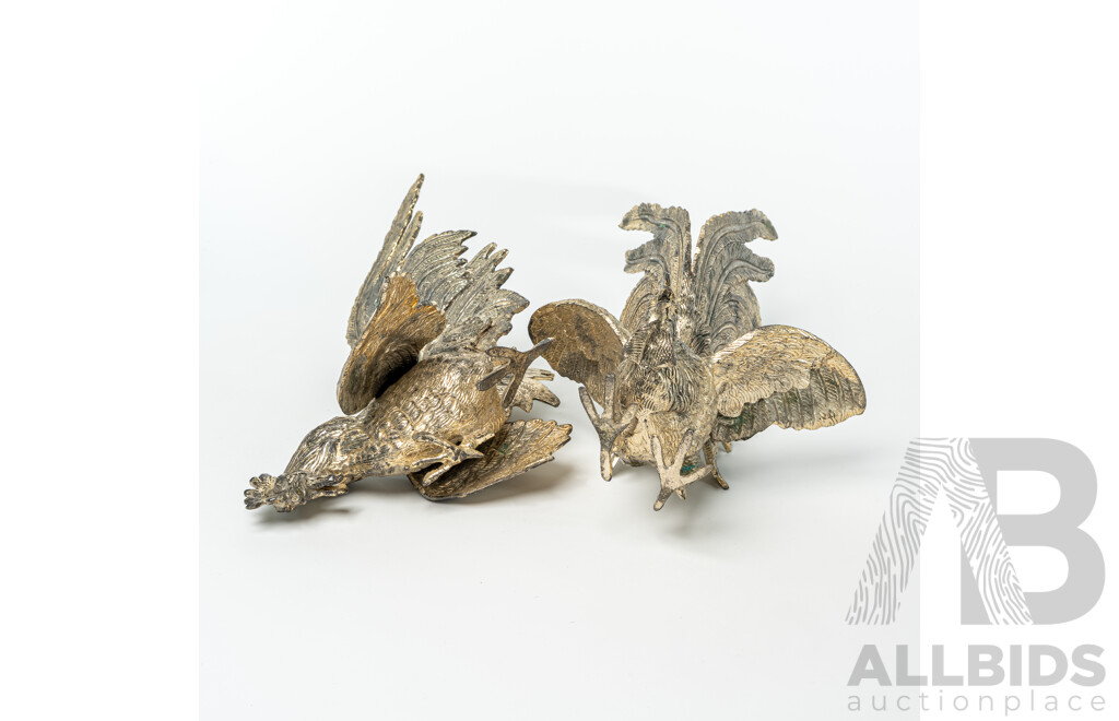 Pair Vintage White Metal Asian Fighting Cocks Statues