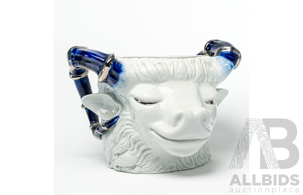 Large Italian Ceramic Rams Head Planter, Marked Mangoni to Base