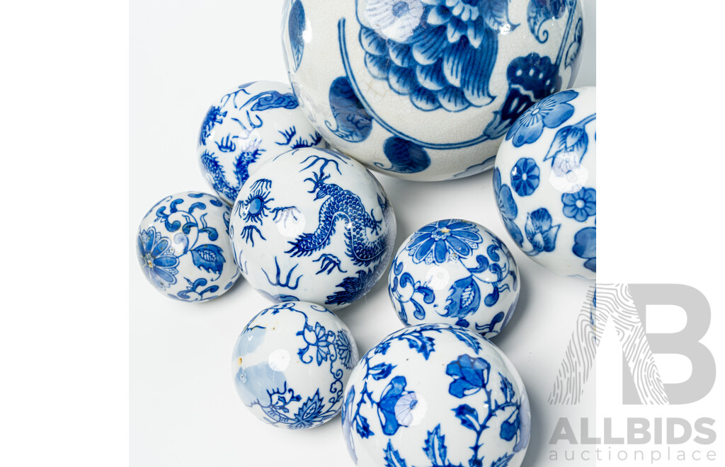 Collection Chinese Hand Painted Blue and White Ceramic Spheres in Three Sizes
