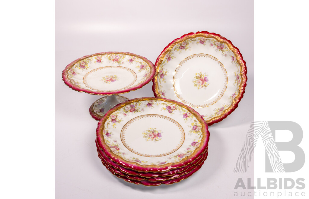 Collection Six Antique French Limoges Porcelain Pieces with Matching Hand Painted Floral Detail