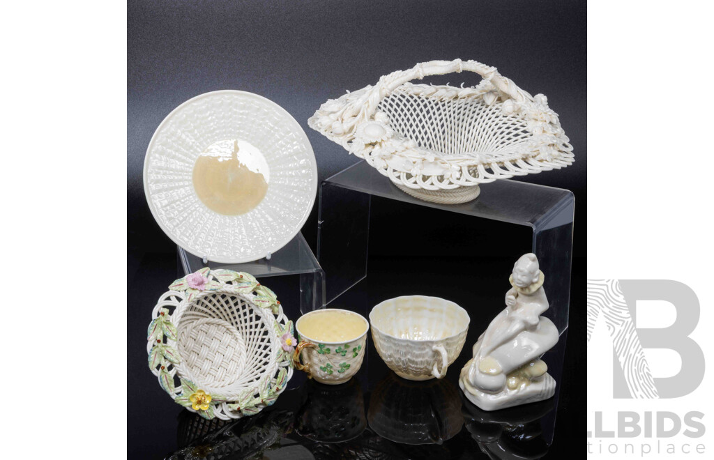 Collection Six Vintage Irish Belleek Porcelain Pieces Comprising Summer Rose Basket, Larger Basket, Pixie Figure and Two Cups and One Saucer