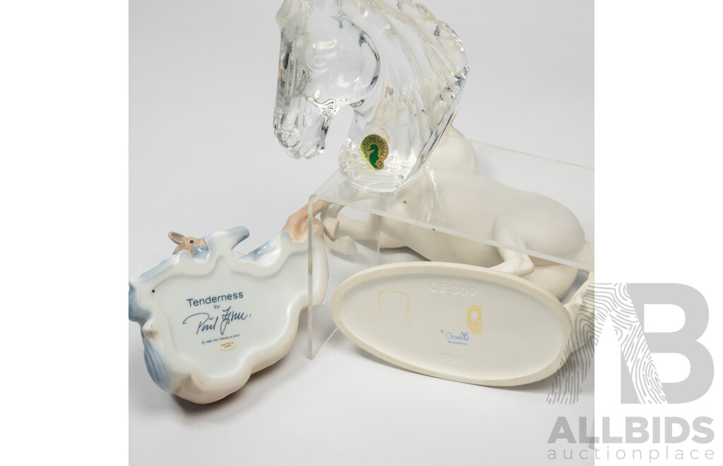 Collection Five Equine Figures Including Waterford Crystal Bust, Beswick Brown Horse, White German Goebel Example and More