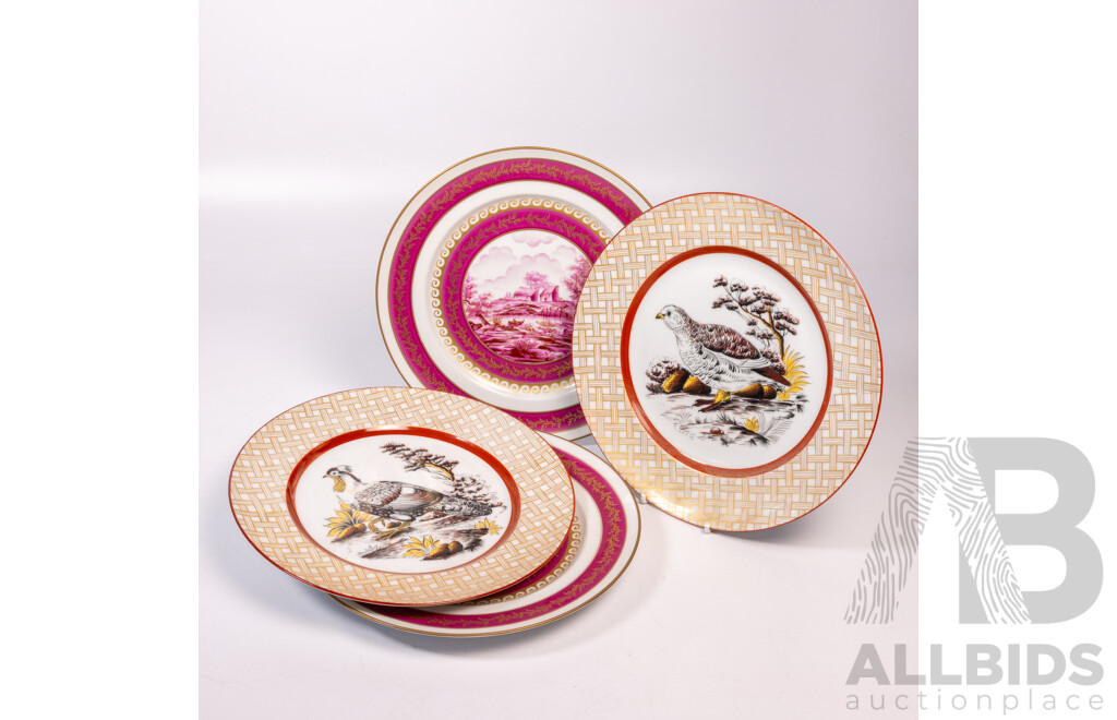 Collection Four Italian Capodimonte Porcelain Display Plates with Hand Painted Scenes