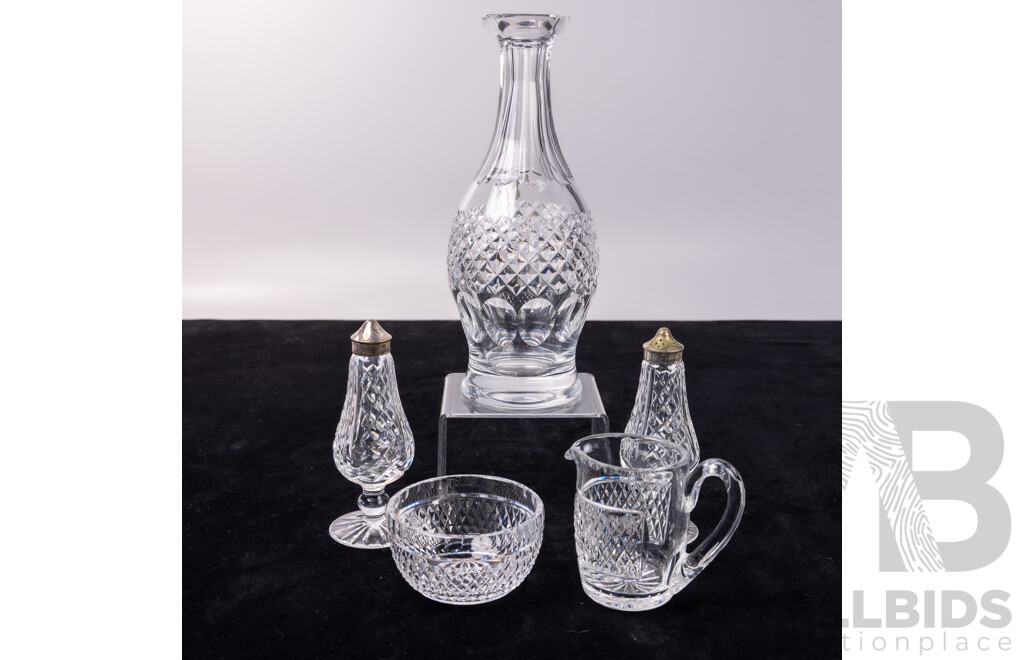 Collection Five Waterford Crystal Pieces Comprising Decanter, Pair Salt & Pepper Shakers, Jug and Bowl