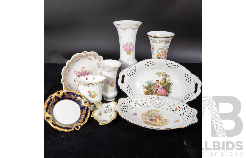 Collection Vintage Continental Porcelain Including Wallendorf Vase and Underplate, Two Kaiser Vases in Marseille Pattern, Herend Butterfly Motif Vase and Leaf Form Plate and More