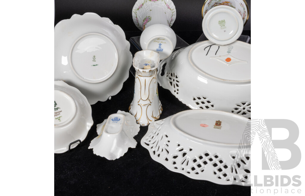 Collection Vintage Continental Porcelain Including Wallendorf Vase and Underplate, Two Kaiser Vases in Marseille Pattern, Herend Butterfly Motif Vase and Leaf Form Plate and More