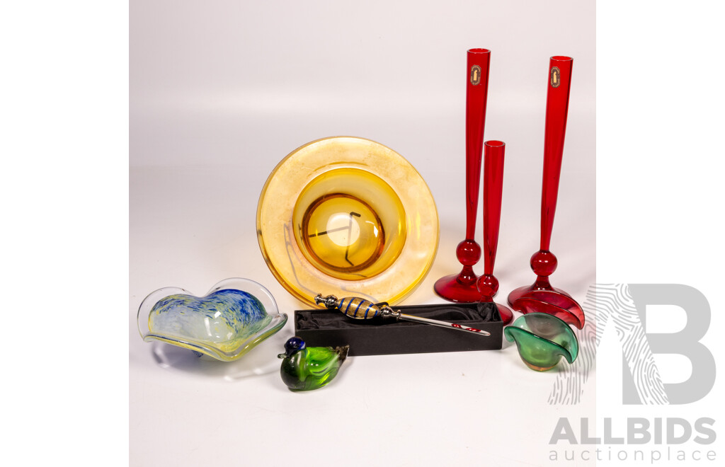 Collection Mid Century Art Glass Including Murano Bowl with Label to Base, Three Whitefriars Ruby Glass Vases, Rikaro Letter Opener in Original Box and More