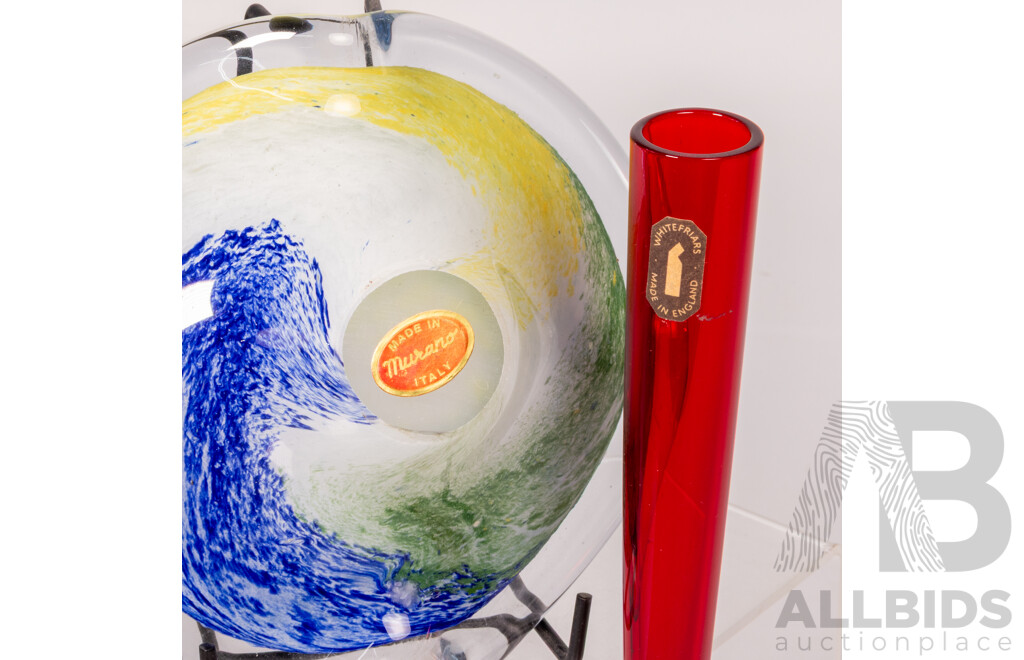 Collection Mid Century Art Glass Including Murano Bowl with Label to Base, Three Whitefriars Ruby Glass Vases, Rikaro Letter Opener in Original Box and More