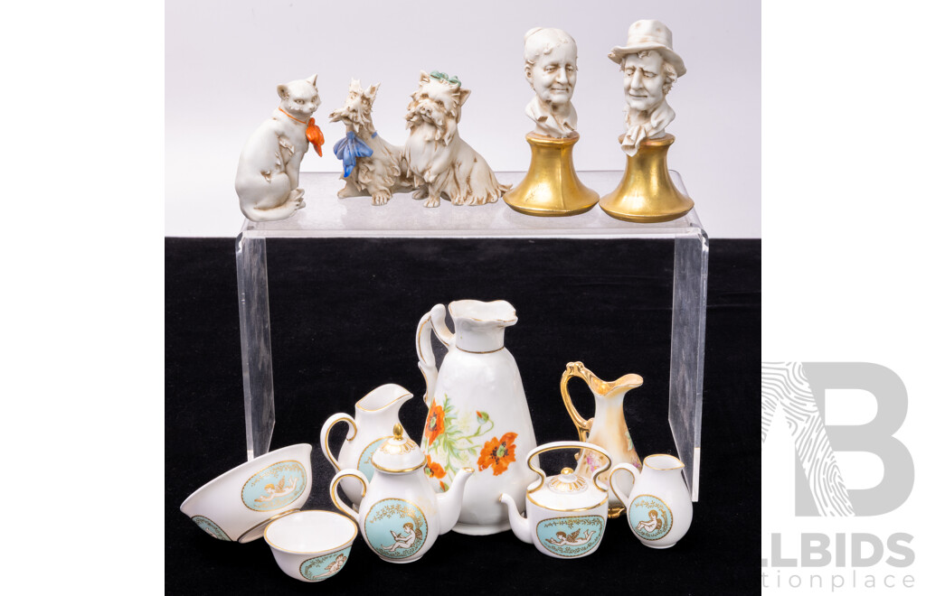 Collection Miniature Items Including Six Piece Spode Porcelain Tea Set, Pair Italian Ceramic Busts, Three Italian Ceramic Doggies and More