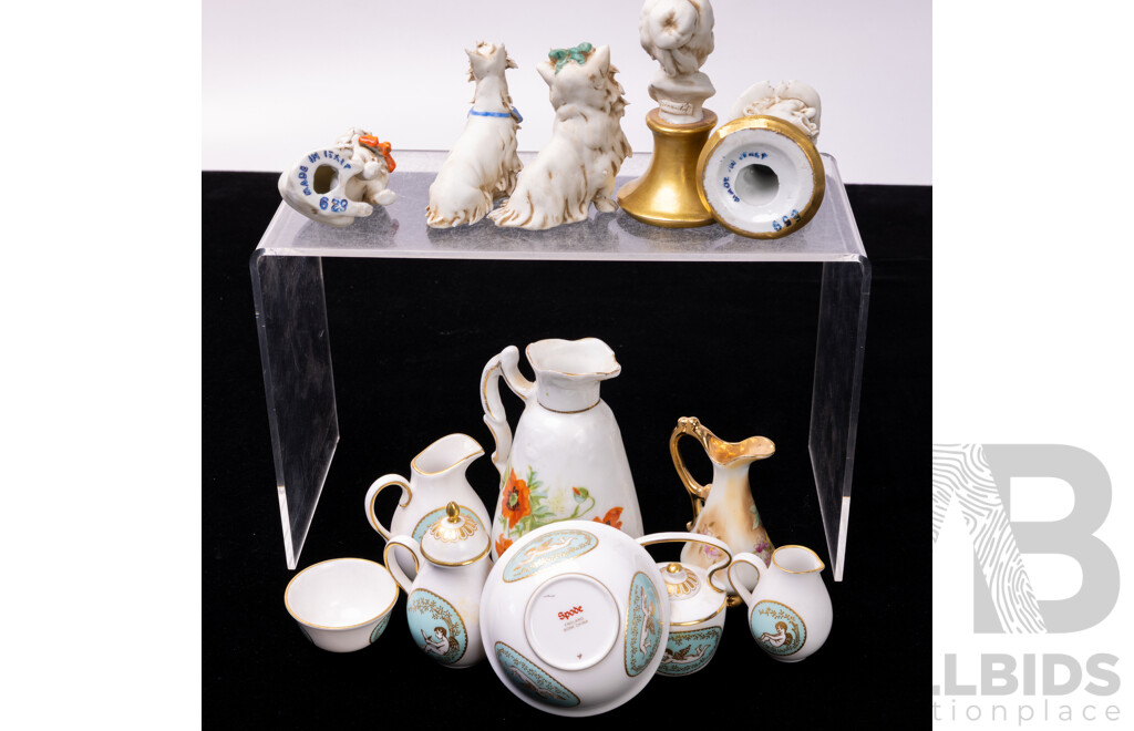Collection Miniature Items Including Six Piece Spode Porcelain Tea Set, Pair Italian Ceramic Busts, Three Italian Ceramic Doggies and More