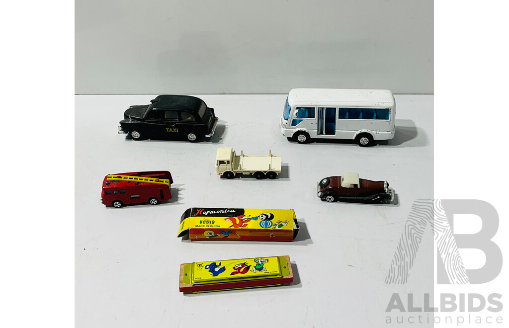 Matchbox Diecast Girder Truck, Minibus, London Taxi,fire Truck and Dusenberg J and Harmonica