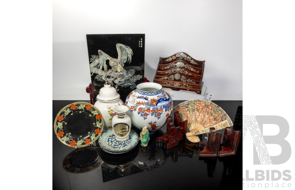Collection Asian Items Including Antique Two Swatow Ware Porcelain Plates, Japanese Chokin Ware Vase with Gold Decoration and More