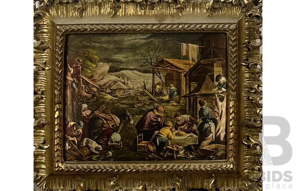Possibly After Bassono Francesco, (Italian, 1549-1592), Life in the Village, Reproduction Vintage Coloured Ink on Silk, 36 x 42 cm (frame)