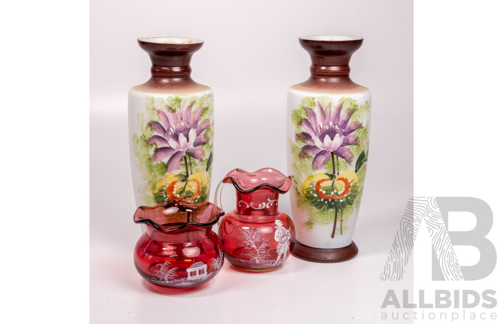 Two Vintage Ruby Glass Mary Gregory Pieces Along with Pair Vintage Milk Glass Vases with Hand Painted Decoration