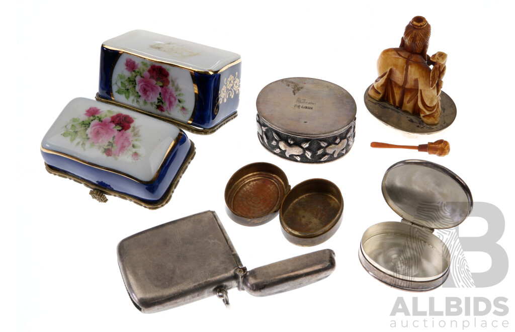 Collection Vintage Pieces Including .800 Silver Example with Carved Ivory Scent Bottle to Lid, Sterling Silver Vesta Case, Chester 1905, Sterling Silver Pill Box with Engraved Lid and More