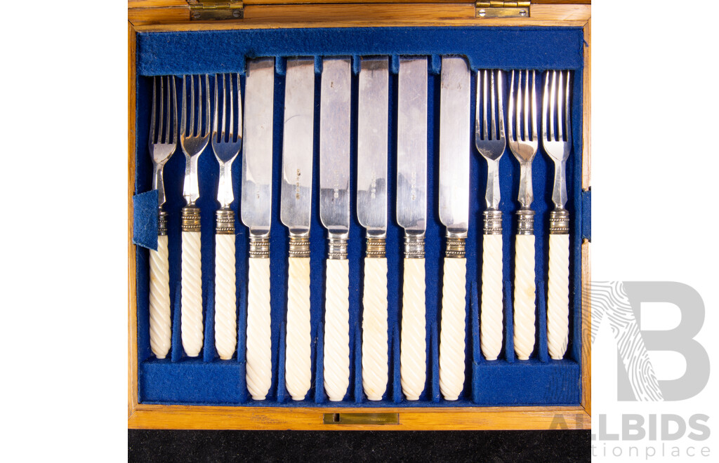 Antique 23 Piece Flatwear Set with Ivory Twist Handles in Two Level Wooden Case