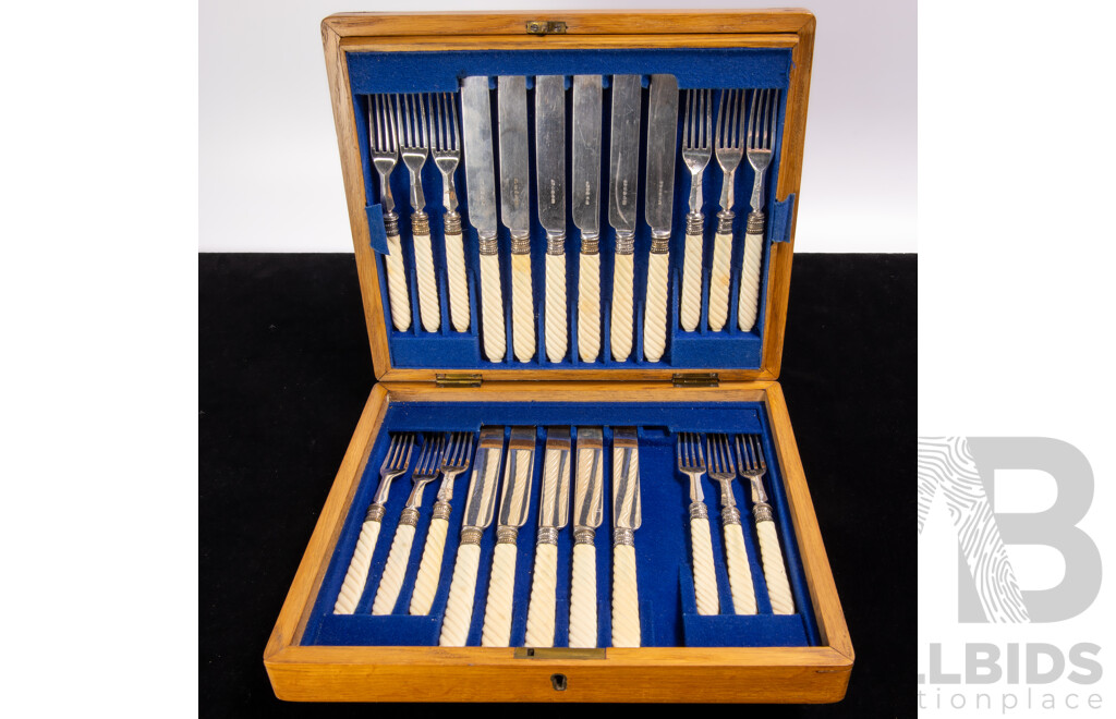 Antique 23 Piece Flatwear Set with Ivory Twist Handles in Two Level Wooden Case