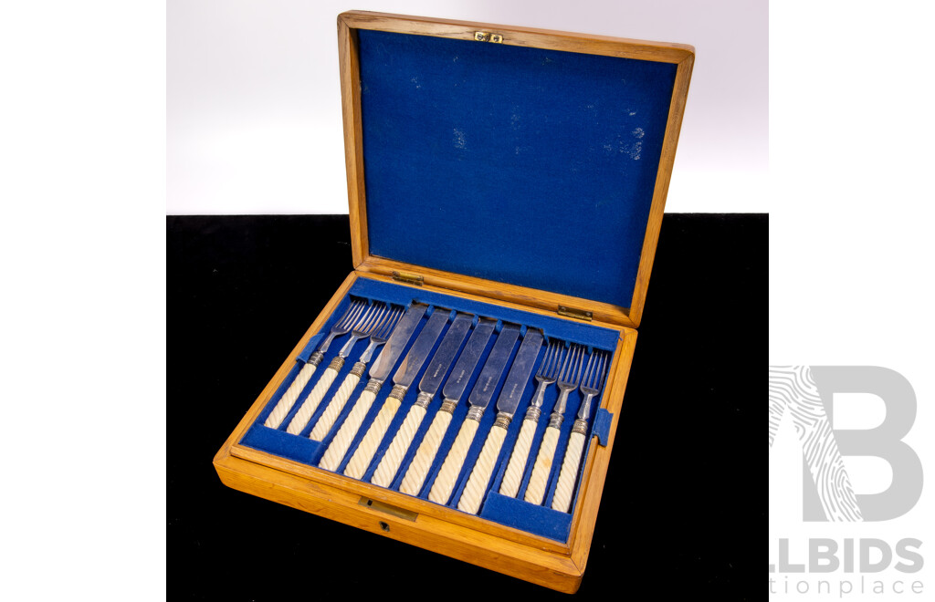Antique 23 Piece Flatwear Set with Ivory Twist Handles in Two Level Wooden Case
