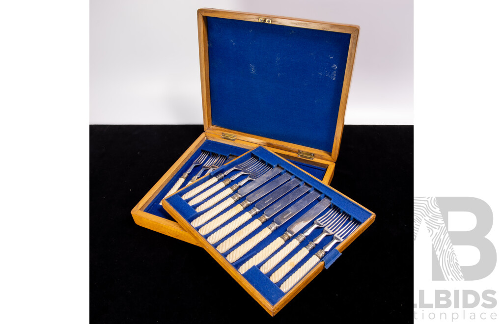 Antique 23 Piece Flatwear Set with Ivory Twist Handles in Two Level Wooden Case