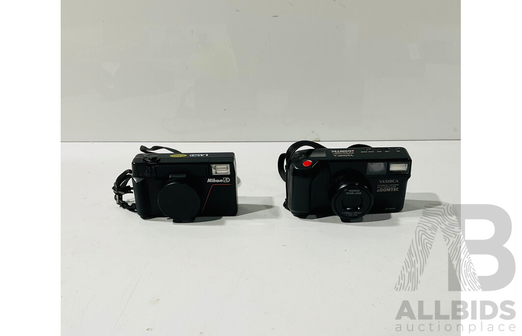 Retro Yashica Zoomtec Auto FOcus Power Zoom Camera in Case Along with Nikon L35AD Camera