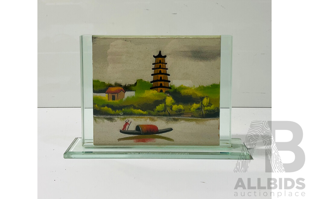 Vietnamese Sand Painting Depicting River Scene and Temple on Reverse Side (artist Unknown)