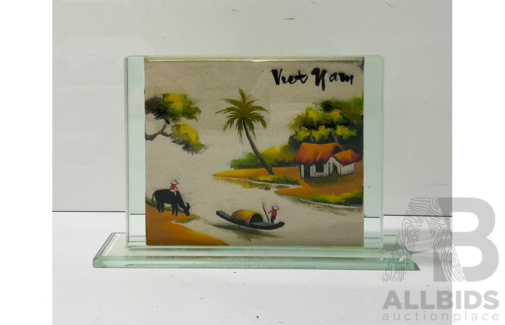 Vietnamese Sand Painting Depicting River Scene and Temple on Reverse Side (artist Unknown)