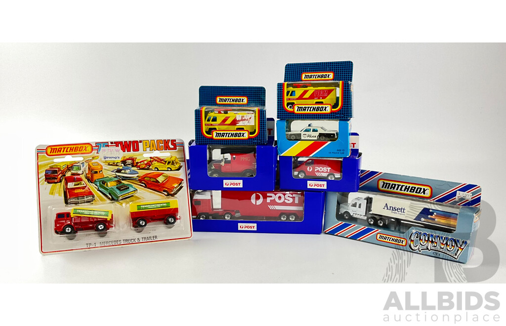 Collection of Vintage Boxed Matchbox and Post Vehicles Including Mercedes Truck and Trailer, Convoy ANSETT Truck, Metro Airport Truck and More