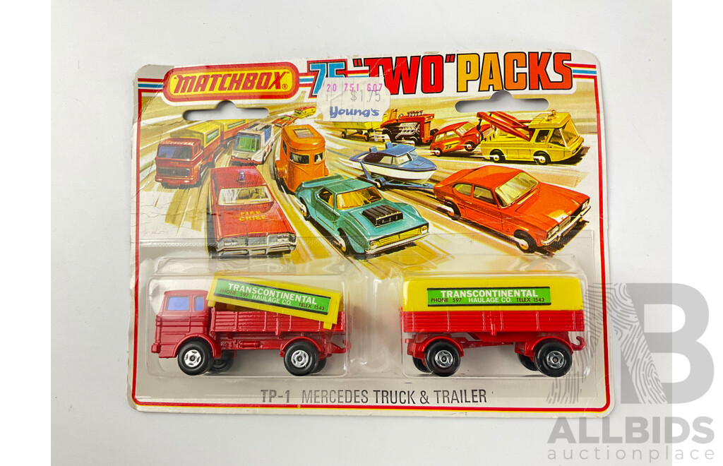 Collection of Vintage Boxed Matchbox and Post Vehicles Including Mercedes Truck and Trailer, Convoy ANSETT Truck, Metro Airport Truck and More