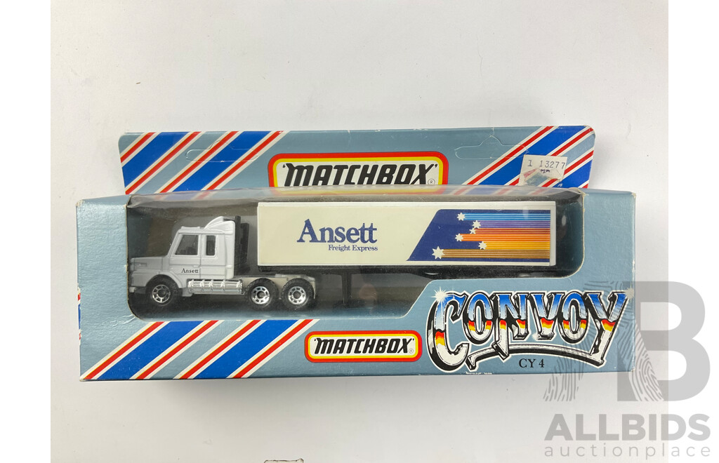 Collection of Vintage Boxed Matchbox and Post Vehicles Including Mercedes Truck and Trailer, Convoy ANSETT Truck, Metro Airport Truck and More