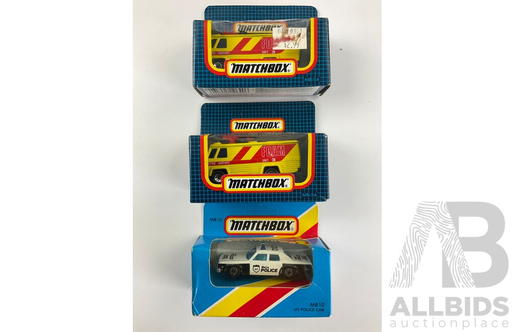 Collection of Vintage Boxed Matchbox and Post Vehicles Including Mercedes Truck and Trailer, Convoy ANSETT Truck, Metro Airport Truck and More