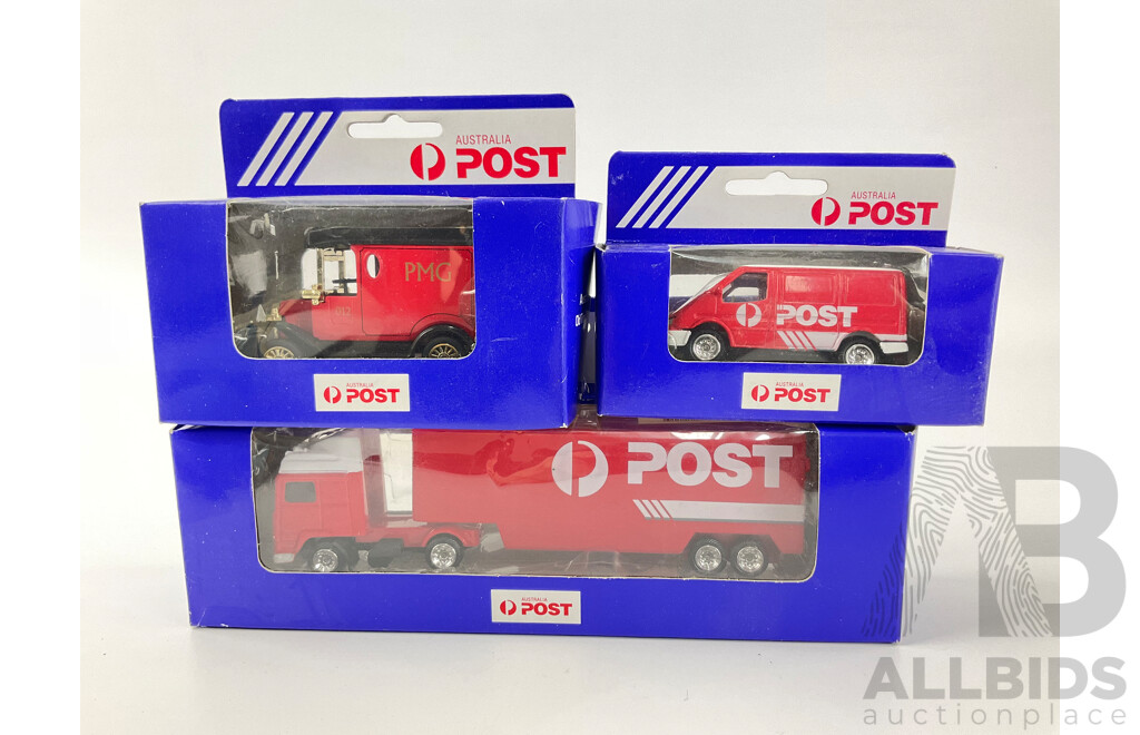 Collection of Vintage Boxed Matchbox and Post Vehicles Including Mercedes Truck and Trailer, Convoy ANSETT Truck, Metro Airport Truck and More