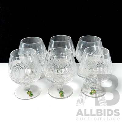 Set Six Vintage Waterford Crystal Brandy Balloons in Colleen Pattern with Original Labels