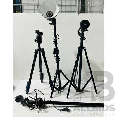 Collection of Tripods with Various Attachment Points and Lamp
