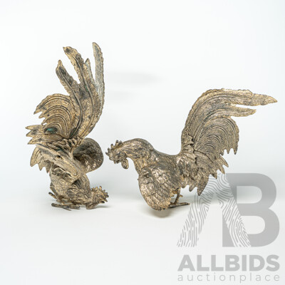 Pair Vintage White Metal Asian Fighting Cocks Statues