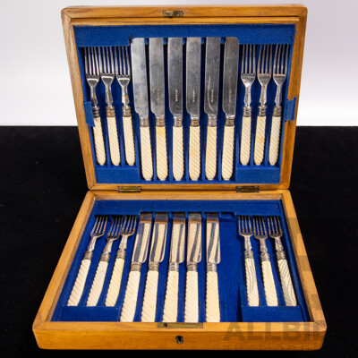 Antique 23 Piece Flatwear Set with Ivory Twist Handles in Two Level Wooden Case