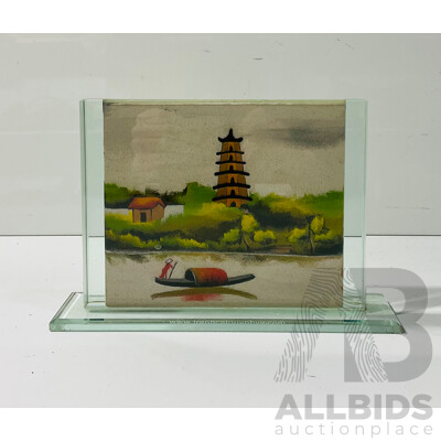 Vietnamese Sand Painting Depicting River Scene and Temple on Reverse Side (artist Unknown)