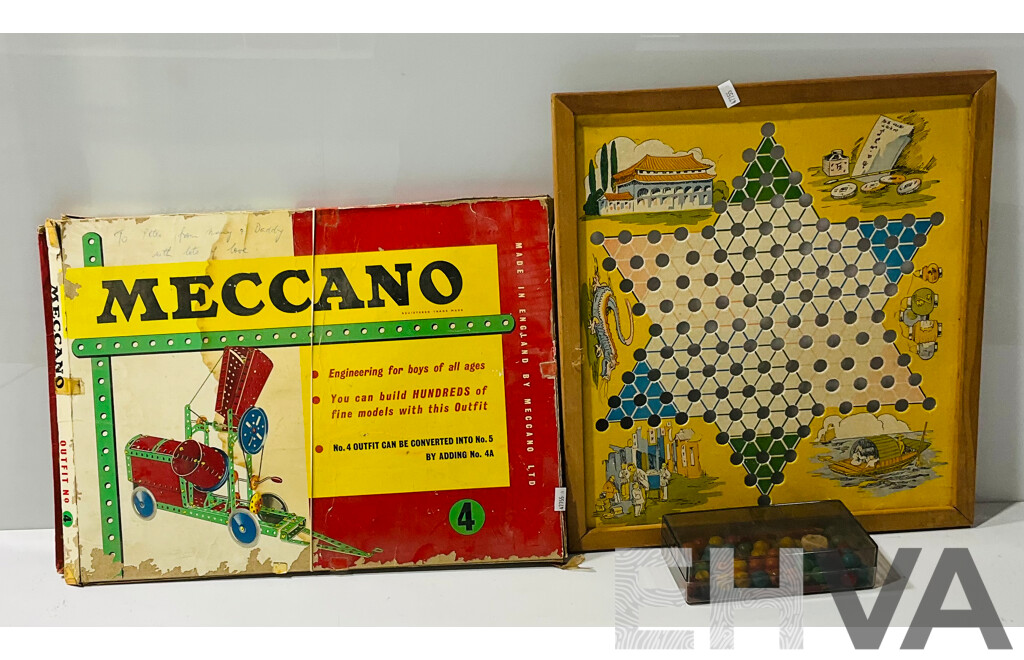 Vintage Meccano Set, Alongside Chinese Checkers, Full Set of Rowney Crayons and More