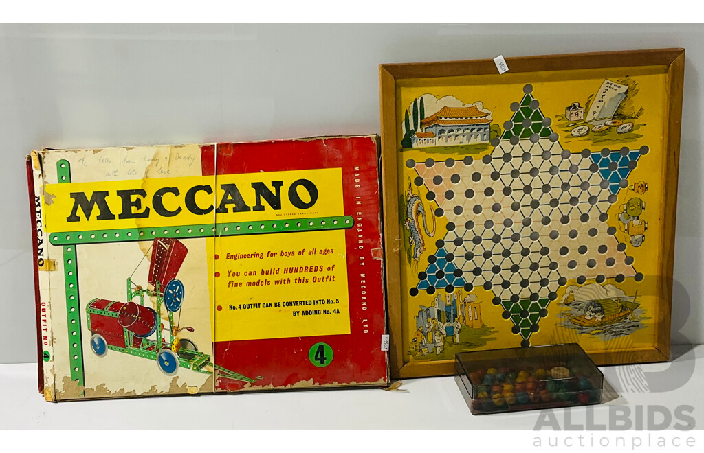 Vintage Meccano Set, Alongside Chinese Checkers, Full Set of Rowney Crayons and More