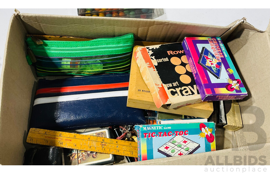 Vintage Meccano Set, Alongside Chinese Checkers, Full Set of Rowney Crayons and More