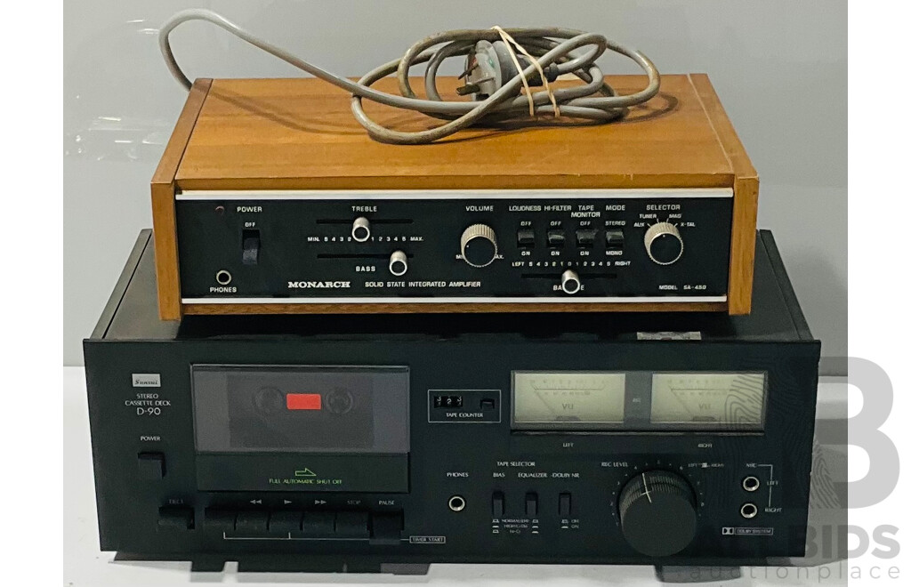 Vintage Sansui Stereo Cassette Deck D-90 Alongside Monarch SA-450 Solid State Stereo Amplifier