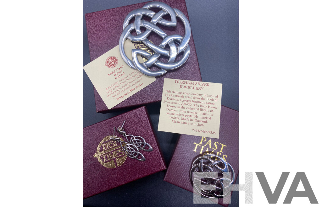 'Past Times' Sterling Silver and Pewter Celtic Design Brooches and Drop Stud Earrings, in Original Presentation Boxes