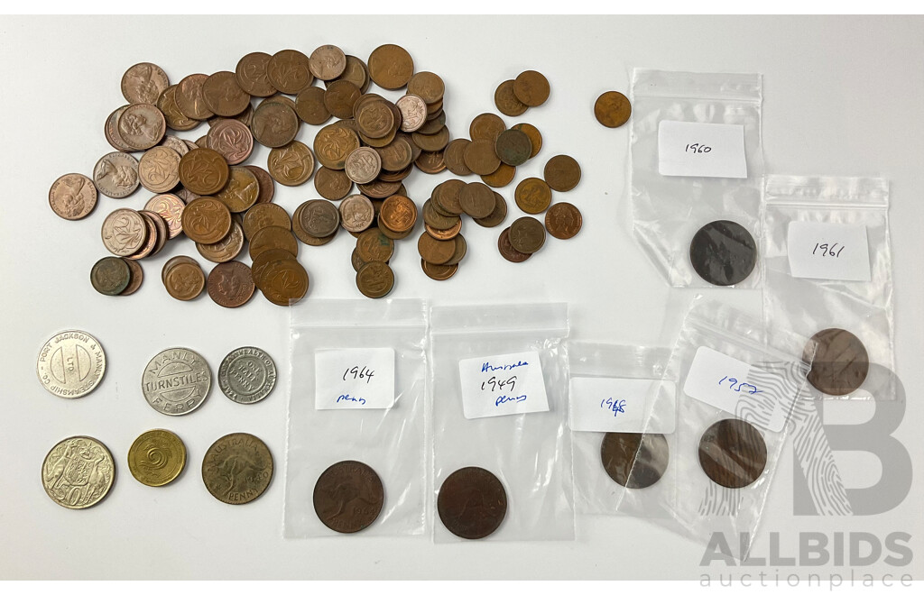 Collection of Australian Currency and Tokens Including 1966 Round Silver Fifty Cent Coin, 1924 Half Penny, 1960's and 70's One and Two Cent Coins, Manly Ferry Tokens and More